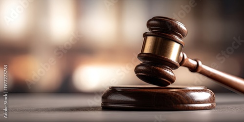 A wooden gavel and sound block sit on a surface against a blurred background