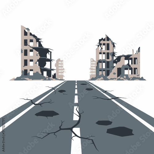 Ruined Cityscape with Damaged Road - Post-Apocalyptic Scene