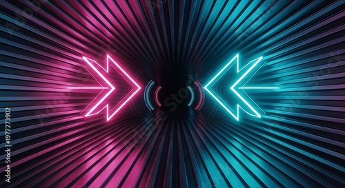 Neon arrows in futuristic tunnel corridor background

