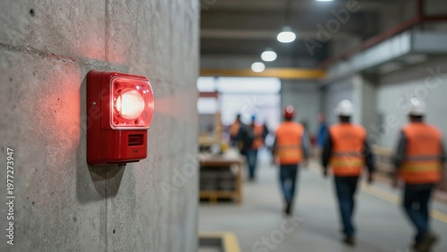 A red fire alarm flashes on a concrete wall as construction workers evacuate an industrial site with urgency.
