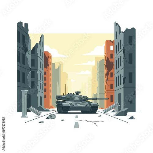 Tank in destroyed city street, war aftermath illustration