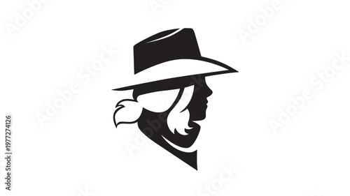 Woman's silhouette profile wearing a cowboy hat with windblown hair and a bandana, black and white graphic design.