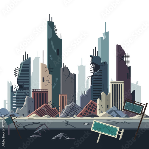 Apocalyptic Cityscape: Ruined Buildings and Destroyed Skyline