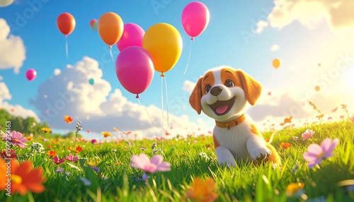 Cute Happy Puppy Playing With Balloons in Sunny Flower Field