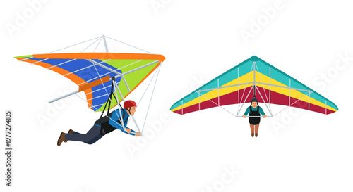 Two paragliders soar through the sky in a colorful illustration