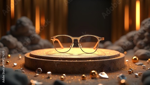 Eyewear with Warm Bokeh Lights,  Creative Product Shot of Transparent Frame Glasses, Luxury Eyewear with Cinematic Lighting Effects