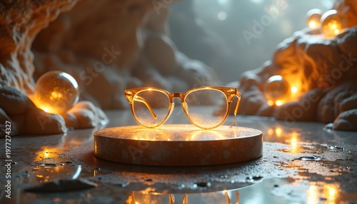 Eyewear with Warm Bokeh Lights,  Creative Product Shot of Transparent Frame Glasses, Luxury Eyewear with Cinematic Lighting Effects