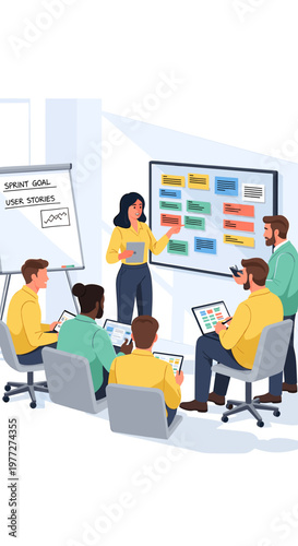 A diverse team of professionals collaborating in an agile sprint planning meeting with a presenter and digital board displaying tasks and user stories.