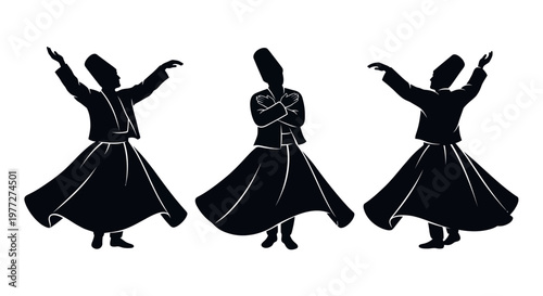Three whirling dervishes depicted in a striking black silhouette design