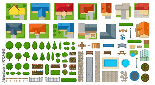 A collection of colorful top down views of houses gardens and elements