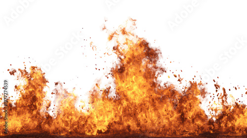 A large fire with flames rising high on transparent background