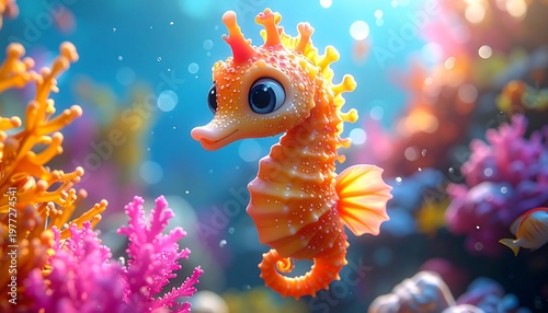 Cute Colorful Seahorse Swimming in Coral Reef Ocean Scene