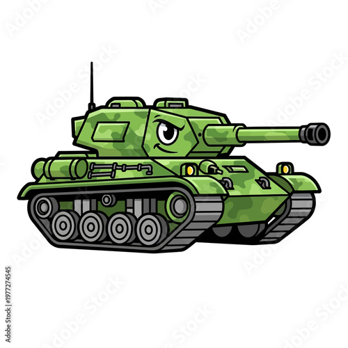 Cartoon Military Tank with Angry Face, Green Camouflage, Isolated on White Background