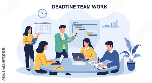 A team of five business professionals collaborating on a project, discussing deadlines and tasks in a modern office meeting room with charts and calendars.