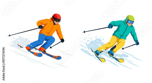 Two skiers in motion downhill on a snowy slope winter sports illustration