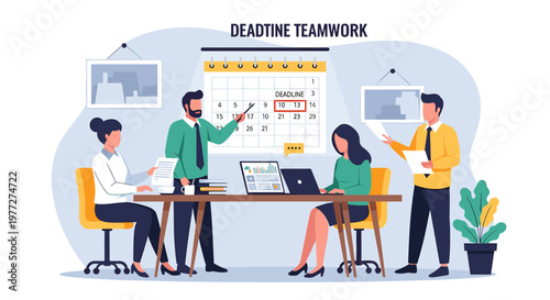 Team of professionals collaborating around a table, planning and marking deadlines on a large calendar in a modern office setting.