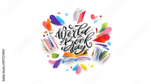 Vibrant world book day Colorful feathers and books surround elegant script. White background highlights cheerful, artistic design. Perfect for book lovers, educators, or creative projects. Bright