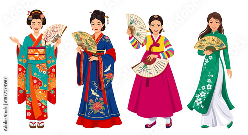 Four women in traditional korean hanbok clothing with ornate fans