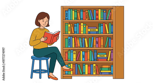 A young woman sits reading a book in front of a full bookcase