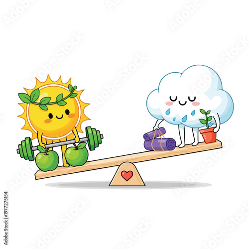 Sunny sun and rain cloud on seesaw with fruits and plant