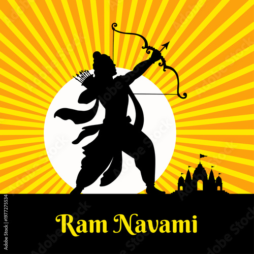 Vector illustration of Lord Rama holding a bow, symbolizing the Hindu festival of Ram Navami. Features a bold sunburst background and temple silhouette, ideal for religious celebrations, and posters.