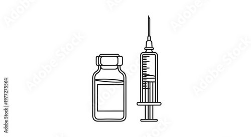 Medical vial and syringe illustration in a simple black outline silhouette