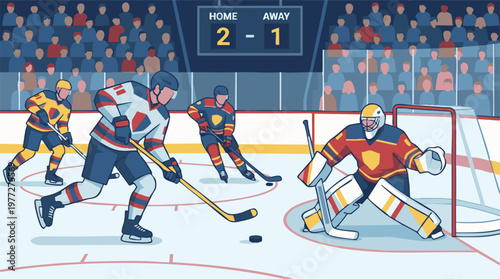 Ice hockey game in an arena with players, a goalie, and scoreboard