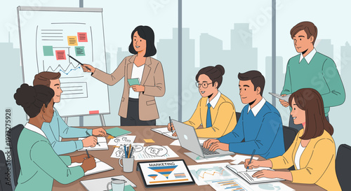 A diverse group of professionals actively participating in a business meeting, with a presenter explaining a chart on a whiteboard.