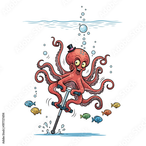 Octopus riding a scooter underwater with fish and bubbles