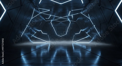 uturistic sci fi corridor with geometric neon lines and fog