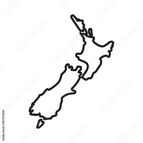 A simple hand drawn black outline of the north and south islands of new zealand