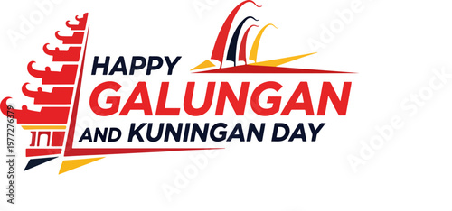 Happy Galungan and Kuningan Day typography banner, Balinese Hindu festival celebration with temple silhouette and penjor vector