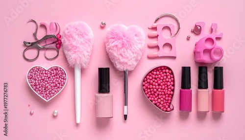 Flat lay Pink manicure and pedicure tools arranged on pink background, heart shaped beads in containers, nail polish bottles