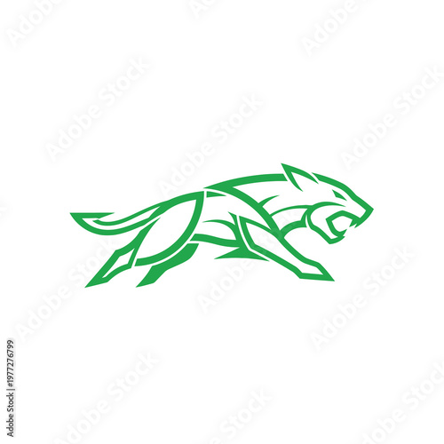 Green Leaping Panther Logo in Sharp Geometric Vector Style Isolated on Light Background