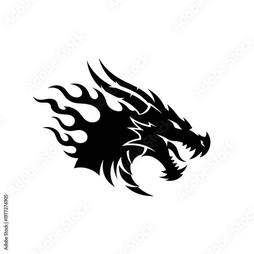 Fierce Black Dragon Head Logo with Flame Mane in Tribal Vector Style Isolated on Light Background