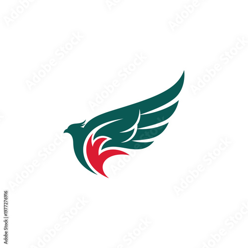 Green and Red Flying Bird Logo in Elegant Abstract Vector Style Isolated on Light Background