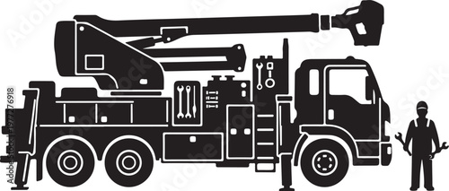 Fire truck, rescue vehicle, emergency services, silhouette, black and white, vector graphics