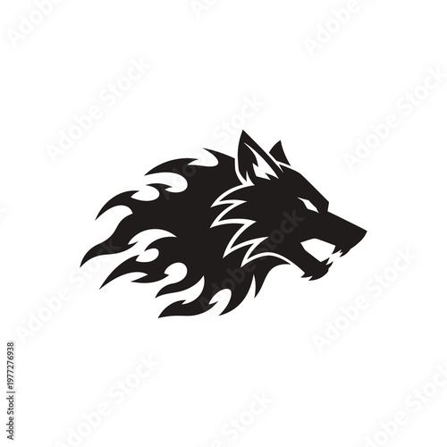 Fierce Wolf Head Logo with Flame Mane in Black Tribal Vector Style Isolated on Light Background