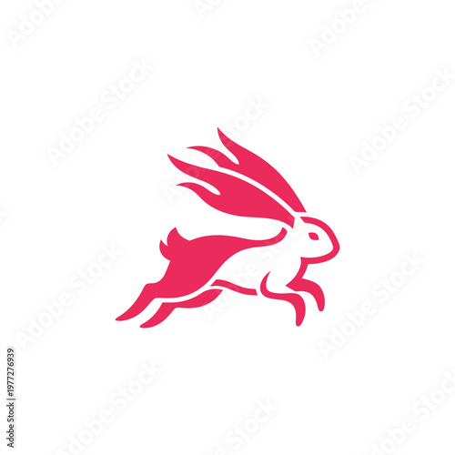 Pink Running Rabbit Logo in Minimal Abstract Vector Style Isolated on Light Background