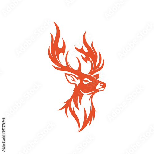 Fiery Stag Head Logo in Orange Tribal Vector Style Isolated on Light Background