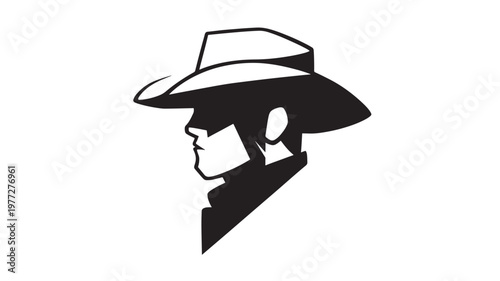 Hat cowboy profile silhouette with shadow detail on a plain white background for graphic design featuring western, man, head with outline and icon