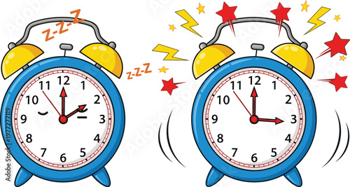 Alarm Clock Illustration Set with Ringing and Sleeping States for Time Reminder Wake Up Concept and Schedule Design Collection