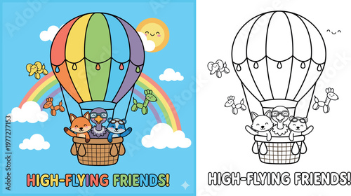 High-Flying Friends in a Hot Air Balloon - Cute Animal Adventure with Rainbow and Balloon Animals
