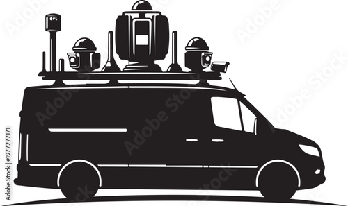 Black van, news van, surveillance vehicle, media truck, vector icon