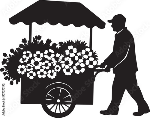 Black silhouette flower vendor cart, floral market illustration, pushcart with flowers, gardening icon