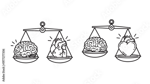Scales balancing a brain against a heart, representing the choice between logic and emotion, or intellect versus passion in decisions.