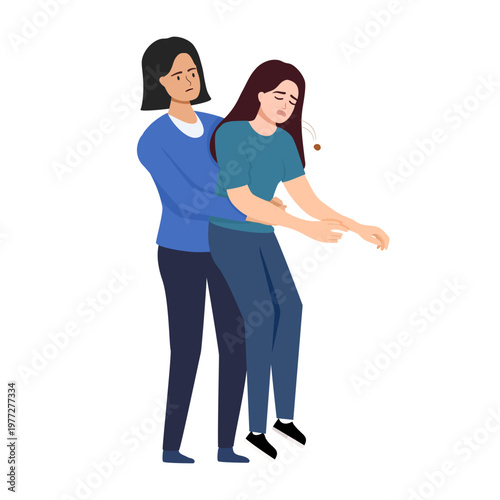 Heimlich technique is demonstrated by woman saving friend who was choking and pressing on stomach to restore breathing. Girl provides first aid and uses heimlich technique to avoid harm to health.