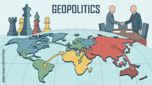 Geopolitics: world map, strategic chess pieces, global business handshake
