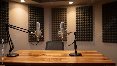 Two professional microphones on stands in a cozy, acoustically treated recording studio.