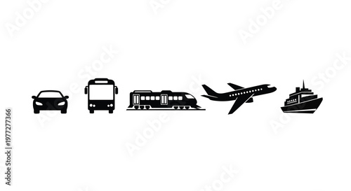 Various modes of transportation depicted in a simple black silhouette